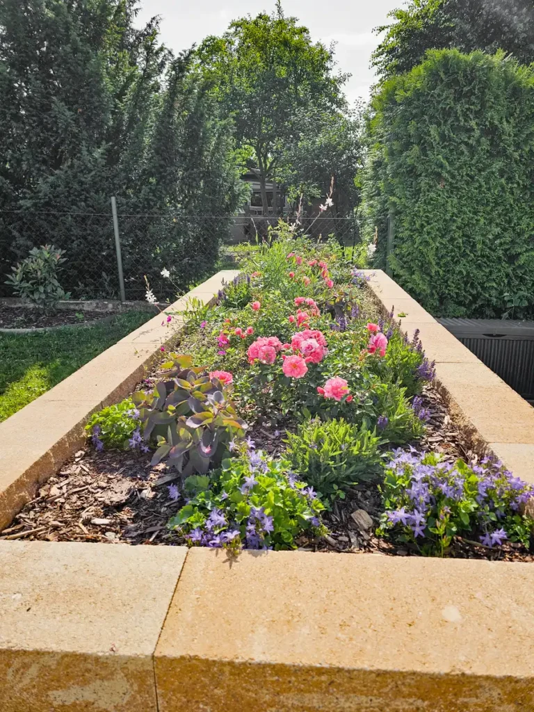 rundum Galabau GmbH – Hochbeet im Garten bepflanzt mit bunten Blumen
